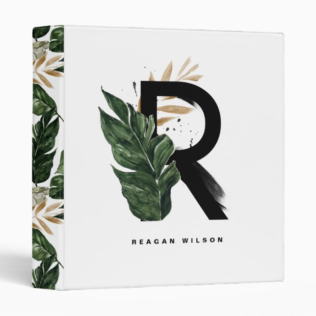 Tropical Palm Leaf Letter R Monogram Personalized 3 Ring Binder (Front/Spine)