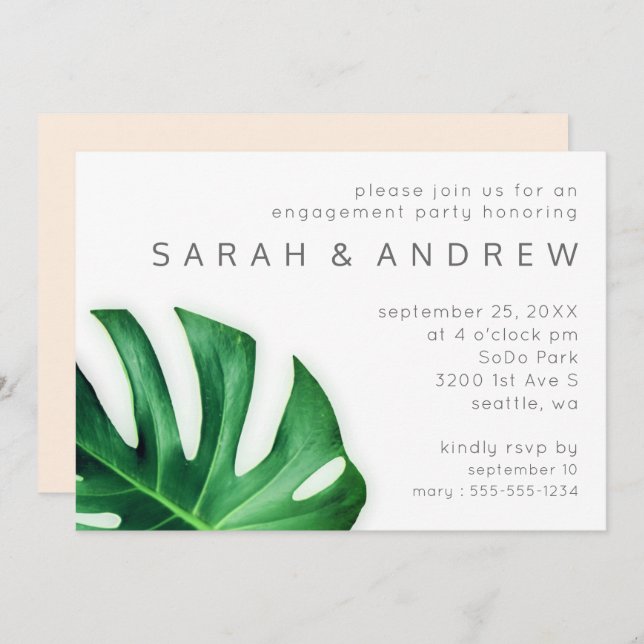 Tropical Palm Leaf Minimalist Engagement Party Invitation (Front/Back)