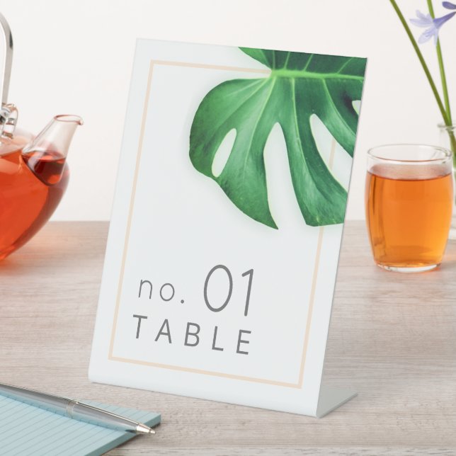 Tropical Palm Leaf Minimalist Table Number Pedestal Sign (In SItu)