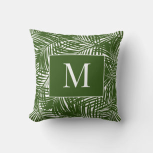 Tropical Palm Leaf Monogram Green and White Porch Throw Pillow