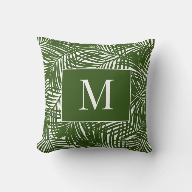 Tropical Palm Leaf Monogram Green and White Porch Throw Pillow (Front)