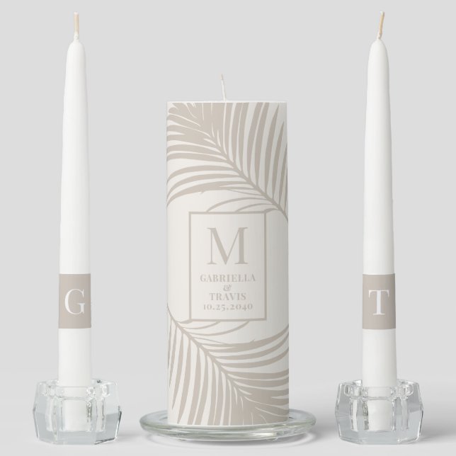Tropical Palm Leaf Monogram Names Beach Wedding Unity Candle Set (Front)