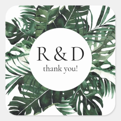 Tropical Palm Leaf Monogram _   Square Sticker