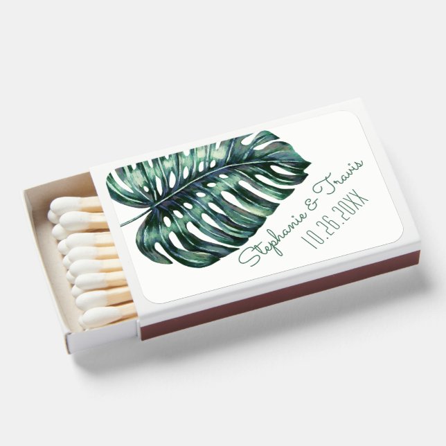 Tropical Palm Leaf Monstera Custom Wedding Favor Matchboxes (Front Open)