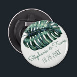 Tropical Palm Leaf Monstera Save the Date Magnet Bottle Opener<br><div class="desc">Tropical Watercolor Monstera Leaves Save the Date Magnetic Bottle Opener with a unique modern and minimal retro beach typography, and chic muted green – a fun addition to your save the date cards or keepsake gift for your bridal party when you ask them "will you be my bridesmaid or groomsman?"...</div>