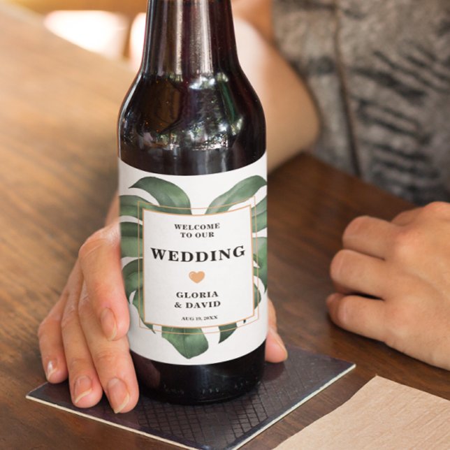 Tropical Palm Leaf Monstera Wedding Beer Bottle Label (Creator Uploaded)