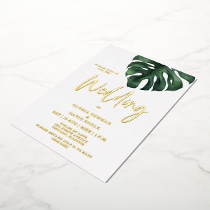 Tropical Palm Leaf  Monstera Wedding Gold Foil Invitation