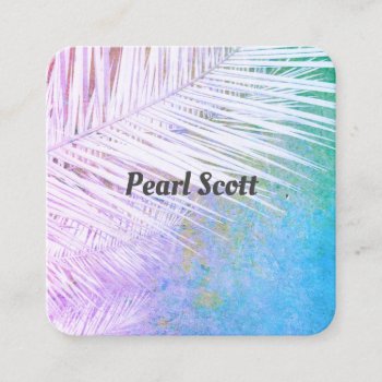 Tropical Palm Leaf Nature Art Purple And Blue Squa Square Business Card by annpowellart at Zazzle
