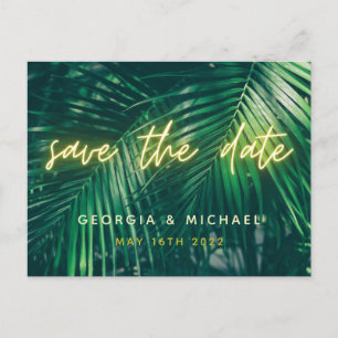 tropical palm leaf neon script modern trendy save announcement postcard