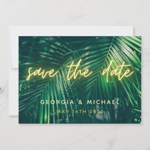 tropical palm leaf neon script modern trendy save the date