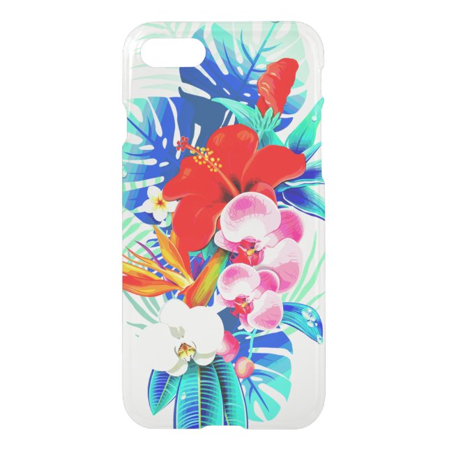 Tropical palm leaf orchid hawaiian floral blue red uncommon iPhone case (Back)