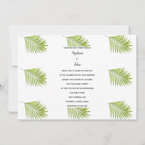 Tropical Palm Leaf Pattern Green White Wedding Invitation