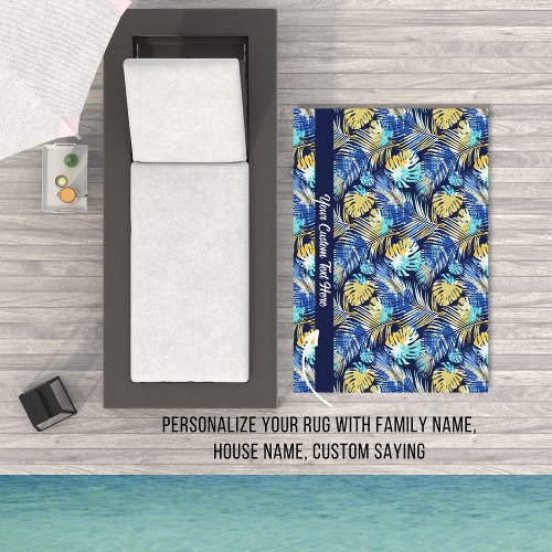 Tropical Palm Leaf Pattern Personalized Text Outdoor Rug