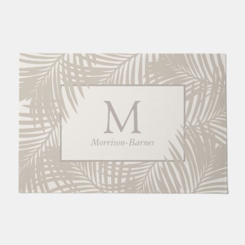 Tropical Palm Leaf Pattern Taupe Monogrammed Doormat