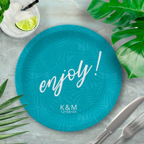 Tropical Palm Leaf Pattern Teal ID577 Paper Plate