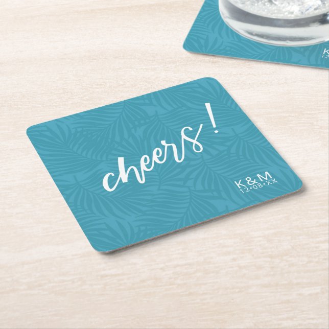 Tropical Palm Leaf Pattern Teal ID577 Square Paper Coaster (Angled)