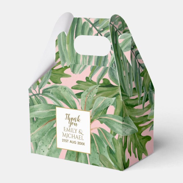 Tropical Palm Leaf Pink Green Gold Personalized Favor Boxes (Front Side)