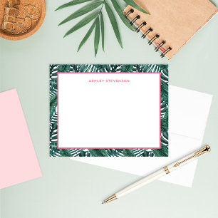 Tropical Palm Leaf Pink Landscape Monogram Note Card