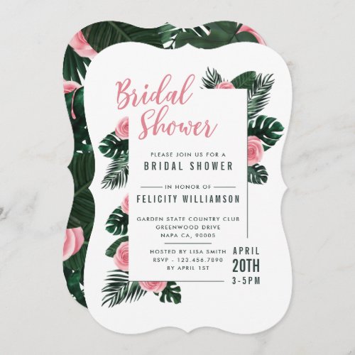 Tropical Palm Leaf Pink Roses Bridal Shower Invitation