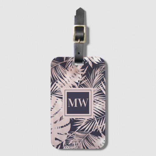 Tropical palm leaf rose gold navy blue island chic luggage tag