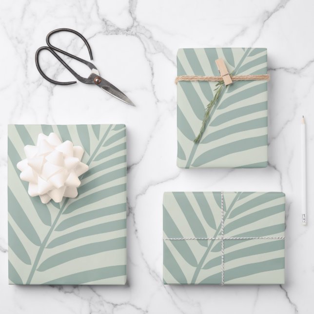 Tropical Palm Leaf Sage Green Wrapping Paper Sheets (Front)