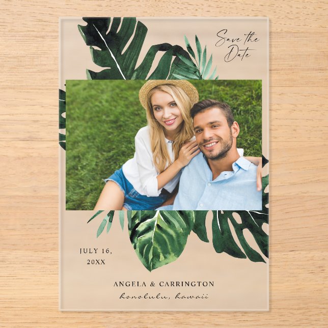 Tropical Palm Leaf Save the Date Photo (Front)