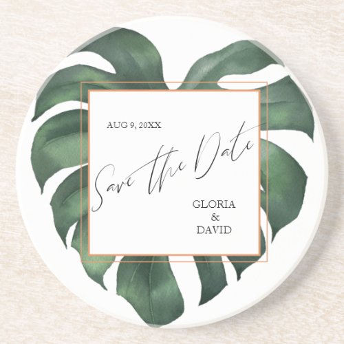 Tropical Palm Leaf  Save the date Sandstone Coaste Coaster