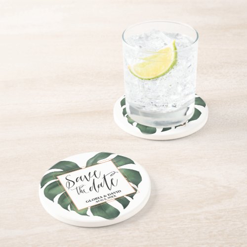 Tropical Palm Leaf  Save the date Sandstone Coaster