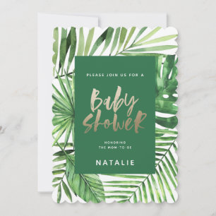 Tropical palm leaf & script baby shower invitation
