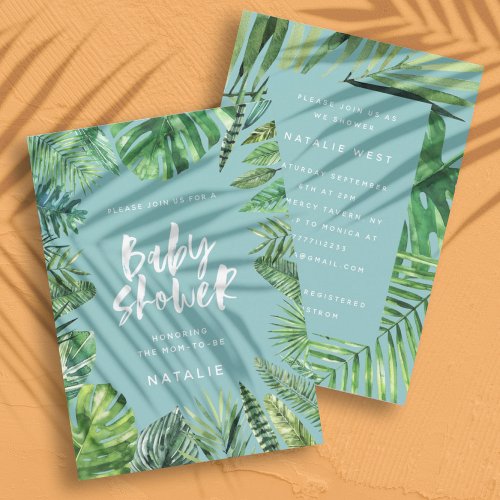 Tropical palm leaf  script baby shower invitation
