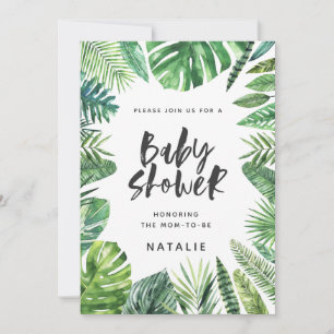 Tropical palm leaf & script baby shower invitation