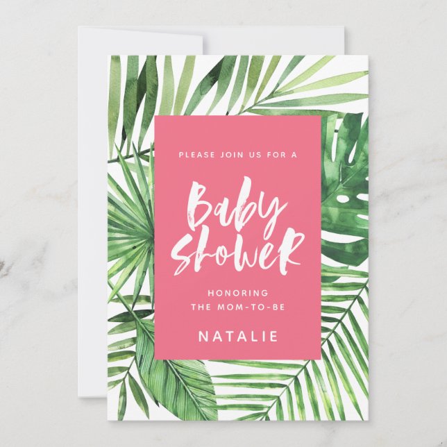 Tropical palm leaf & script baby shower invitation (Front)