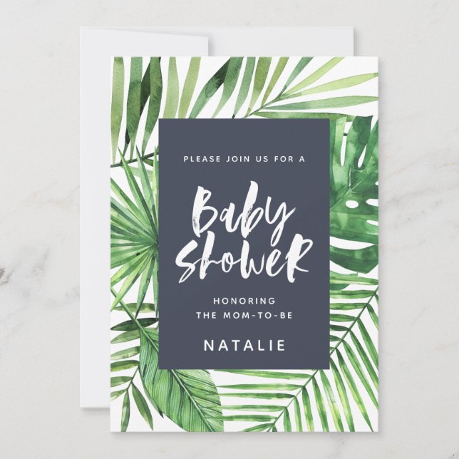 Tropical palm leaf & script baby shower invitation (Front)