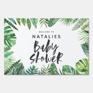 Tropical palm leaf & script baby shower sign