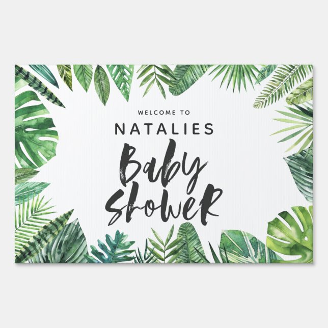 Tropical palm leaf & script baby shower sign (Front)