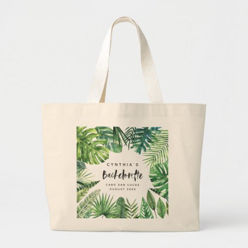 Tropical palm leaf  script bachelorette holiday large tote bag