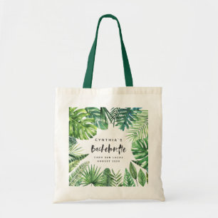 Tropical palm leaf & script bachelorette holiday tote bag