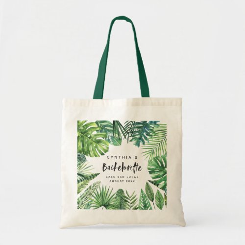 Tropical palm leaf  script bachelorette holiday tote bag