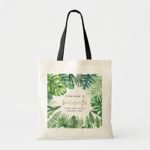 Tropical palm leaf & script bachelorette holiday tote bag