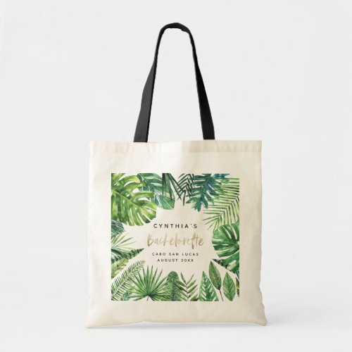 Tropical palm leaf  script bachelorette holiday tote bag