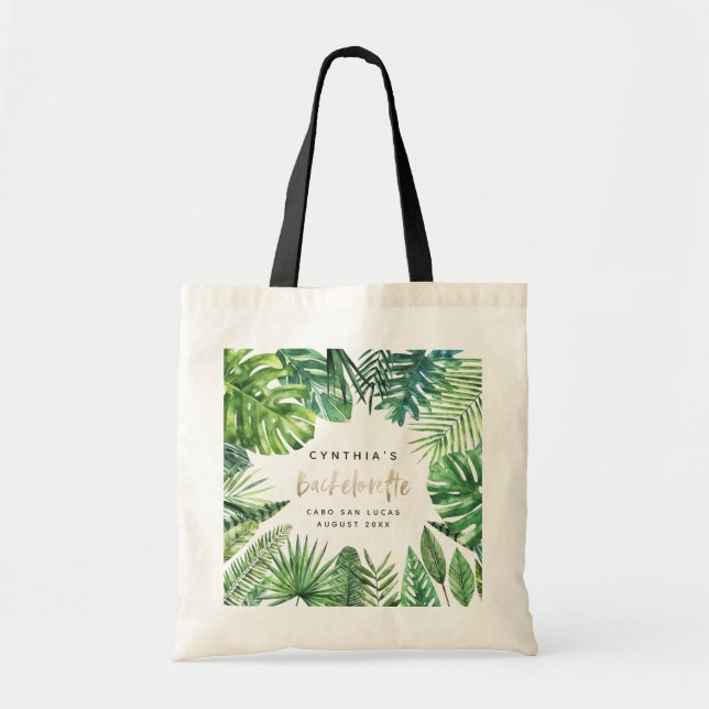 Tropical palm leaf & script bachelorette holiday tote bag (Front)