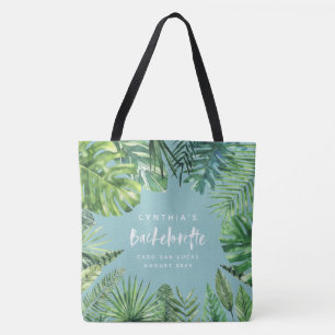 Tropical palm leaf & script bachelorette holiday tote bag
