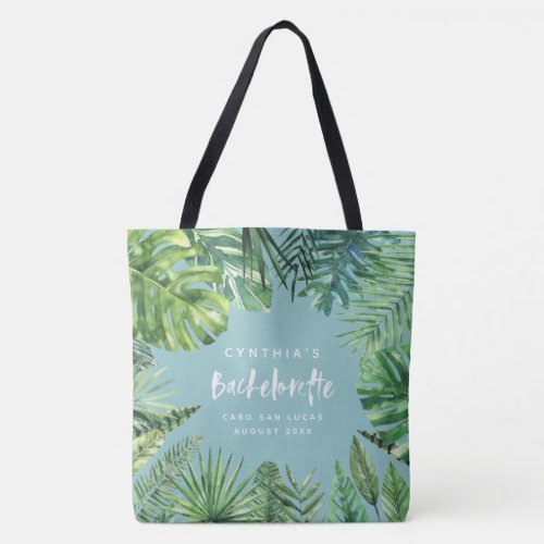 Tropical palm leaf  script bachelorette holiday tote bag