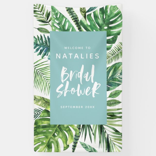 Tropical palm leaf & script bridal shower banner (Vertical)