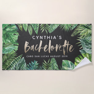 Tropical palm leaf & script gold bachelorette bann beach towel