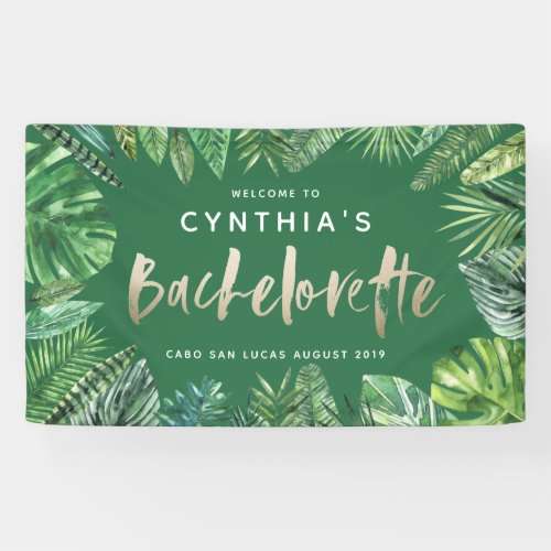 Tropical palm leaf  script gold bachelorette banner