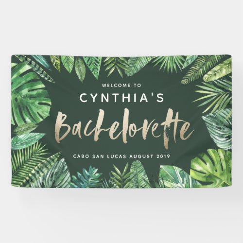 Tropical palm leaf  script gold bachelorette banner