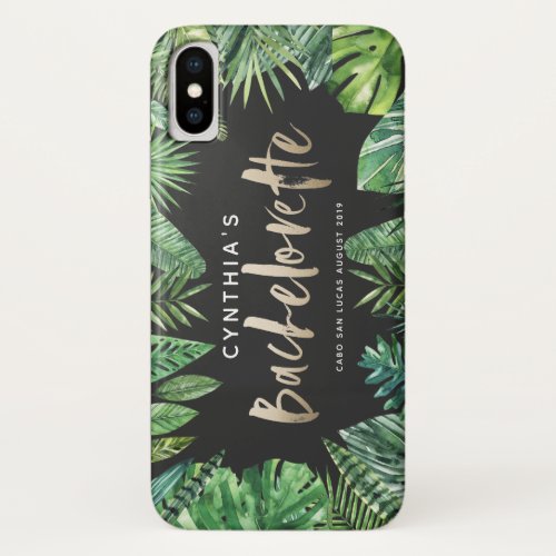Tropical palm leaf  script gold bachelorette  iPhone XS case