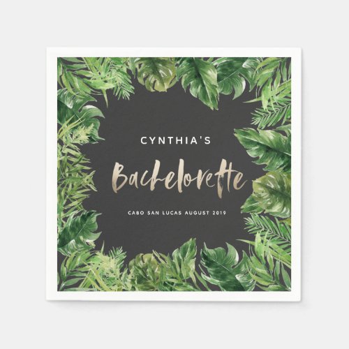 Tropical palm leaf  script gold bachelorette  napkins