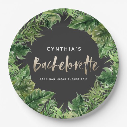 Tropical palm leaf  script gold bachelorette  paper plates